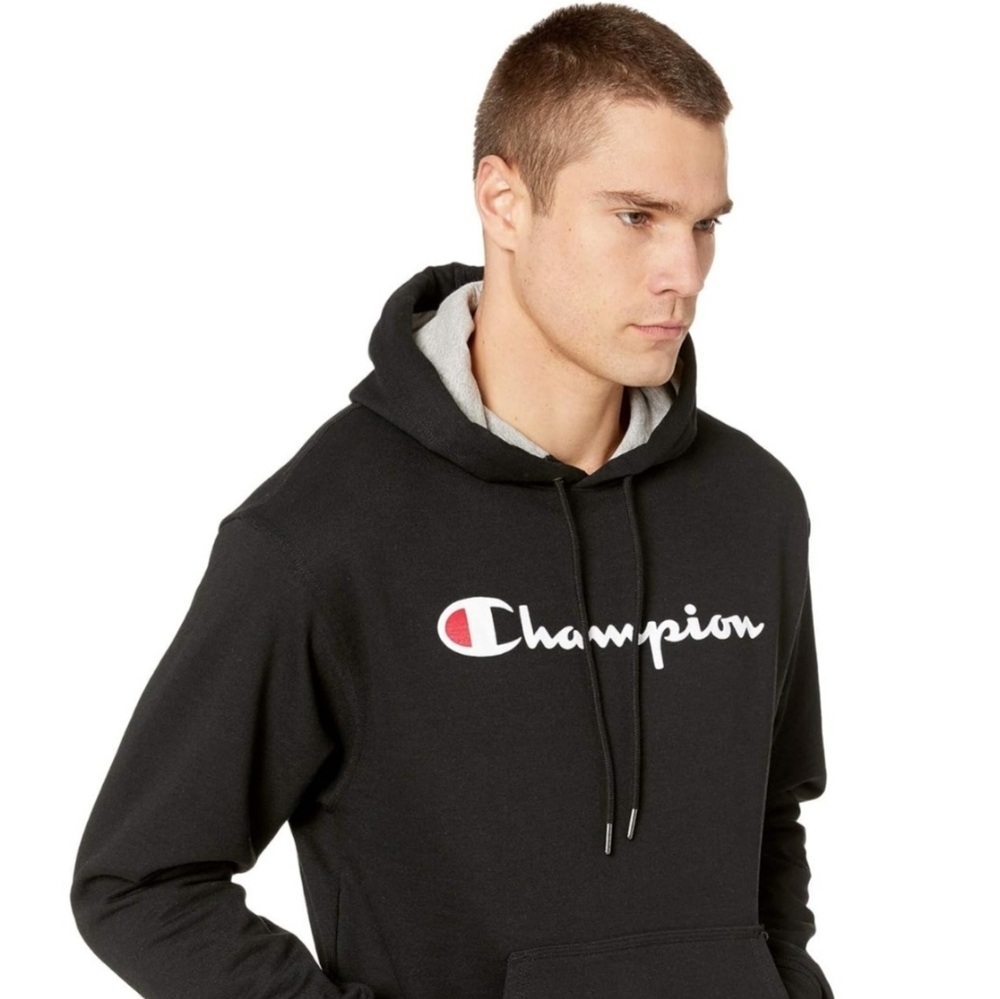 Champion Mens Black Powerblend Script Hoodie C Logo